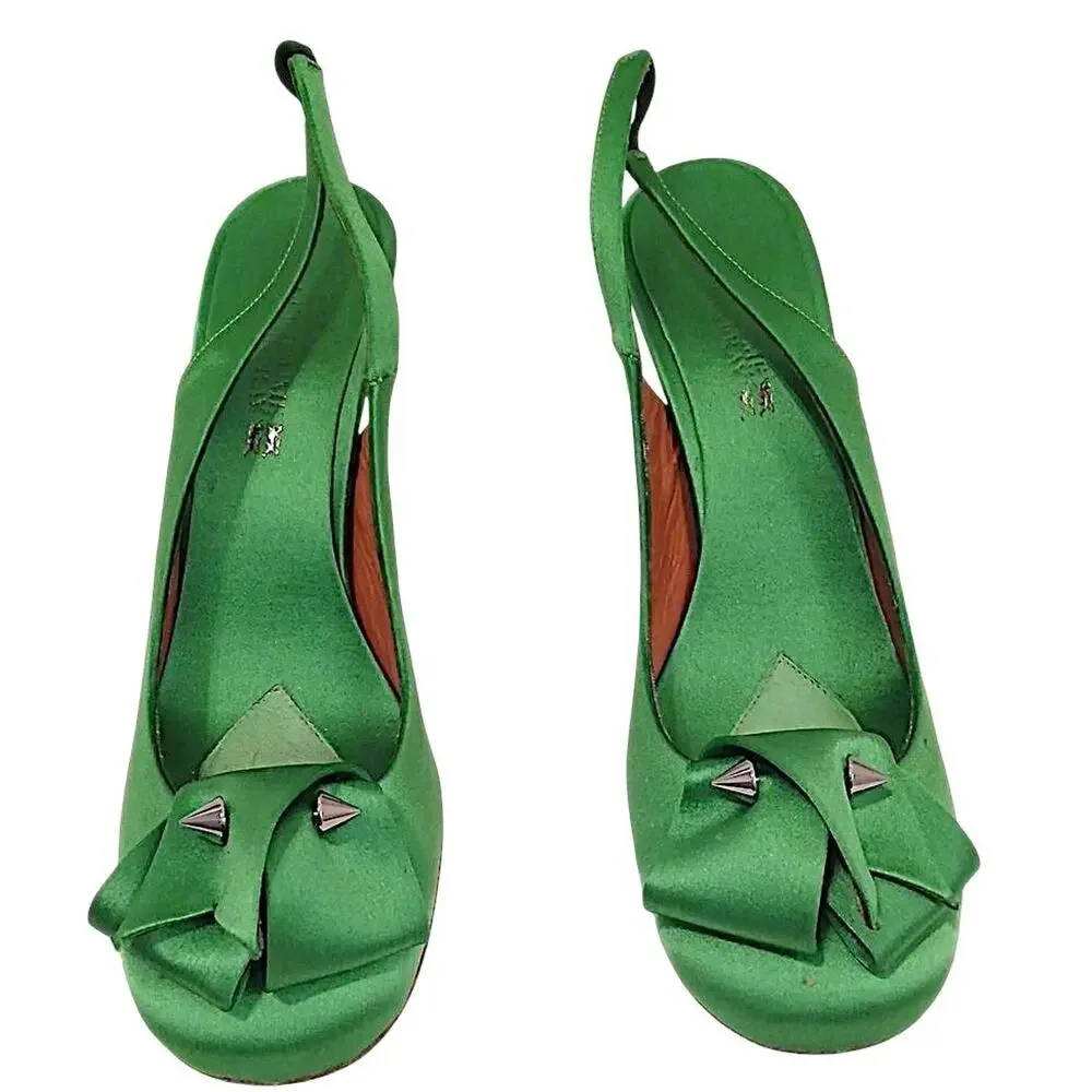 Guillaume‎ Hinfray Satin Slingback Pumps 41 Green Bow Studs Wedding Prom Formal